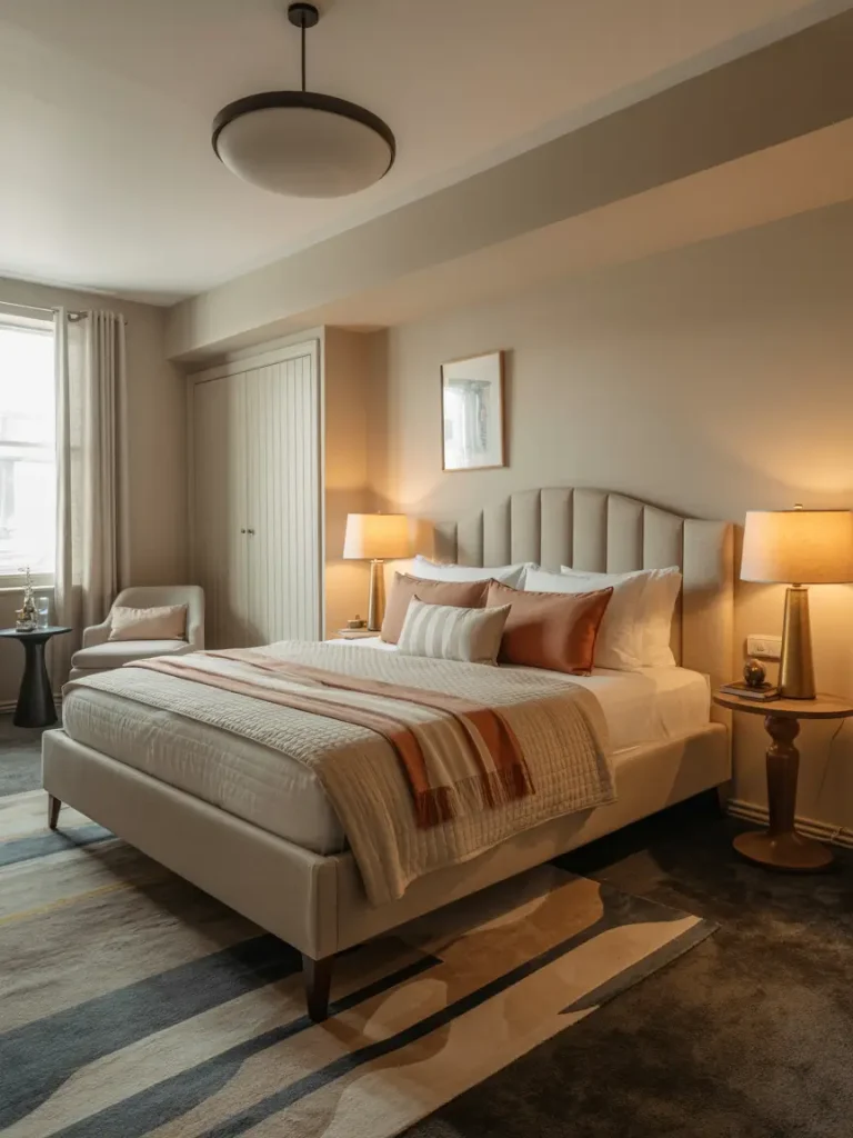 Elegant basement guest suite with a cozy queen bed, layered bedding in warm tones, soft lighting, and a plush area rug creating a welcoming retreat.”