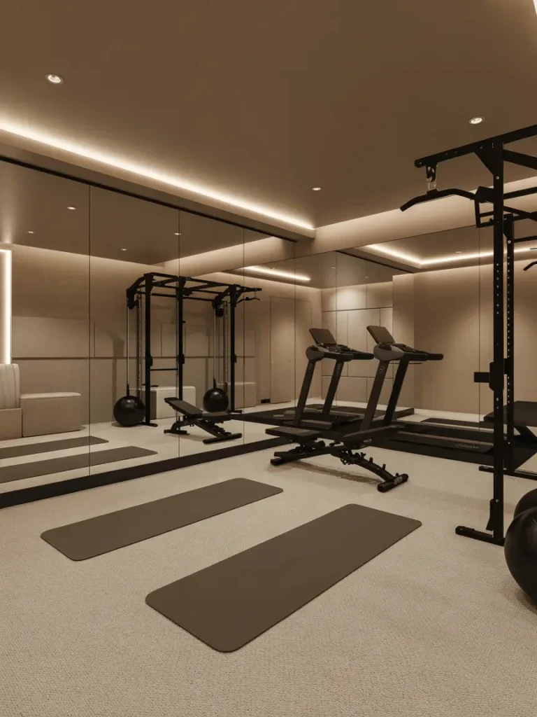 Modern basement gym and wellness room with mirrored walls, treadmills, weightlifting equipment, and yoga mats on a soft carpeted floor.
