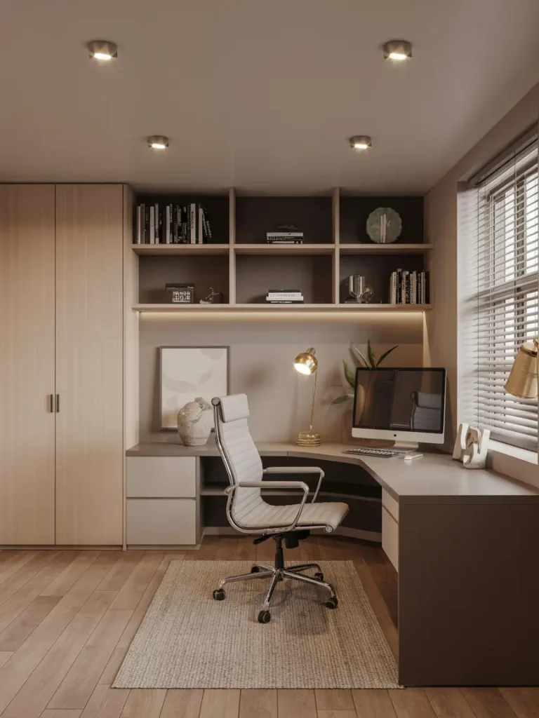 Modern basement home office with built-in shelves, desk, computer, and ergonomic chair in a warm, neutral-toned design.