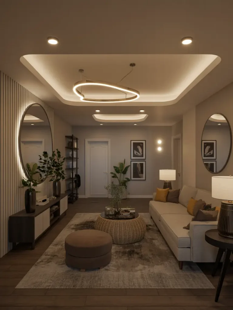 Stylish basement living room with modern recessed and pendant lighting, neutral furniture, and warm layered illumination.