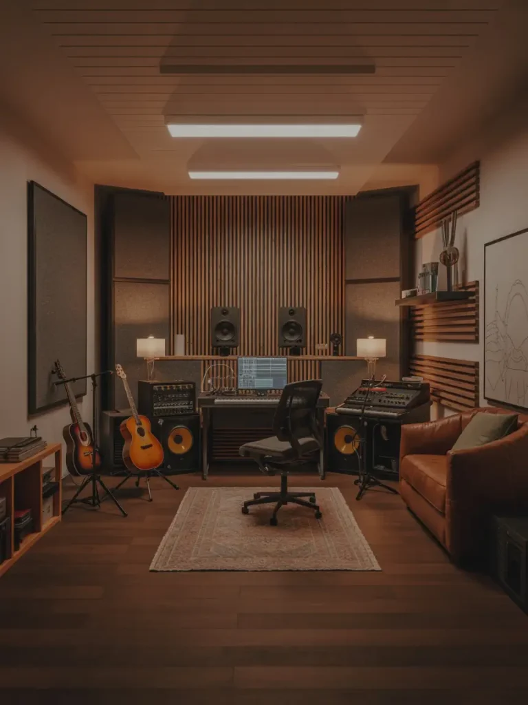 Modern basement music studio with acoustic panels, guitars, sound equipment, and a mixing desk.