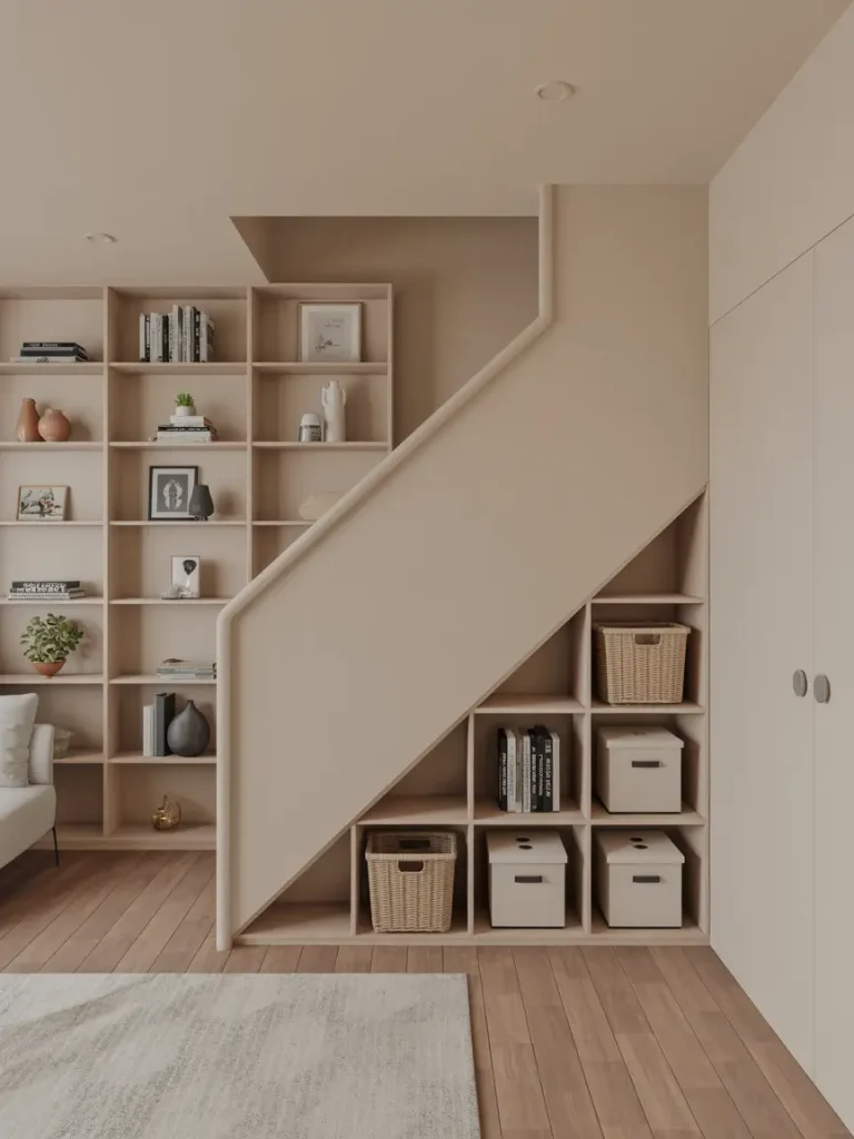 Modern basement storage solutions with built-in shelving under the staircase, featuring baskets, boxes, and books neatly organized on wooden shelves.