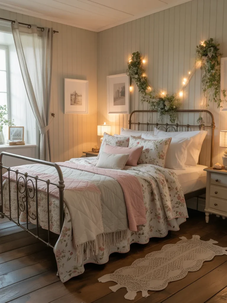 Cozy cottage bedroom with floral bedding, soft pink accents, and string lights over a metal bed frame.