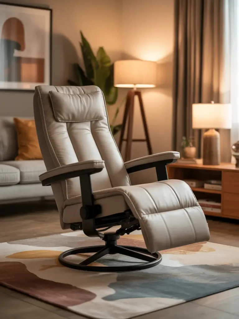 Modern beige recliner chair with padded cushions and footrest in a cozy living room setup, ideal for back pain relief.