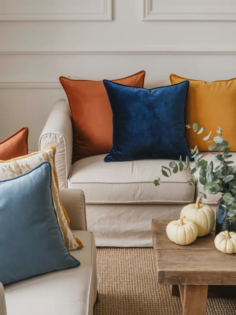 Neutral living room with blue, orange, and mustard accent pillows styled with white pumpkins for a cozy fall touch.