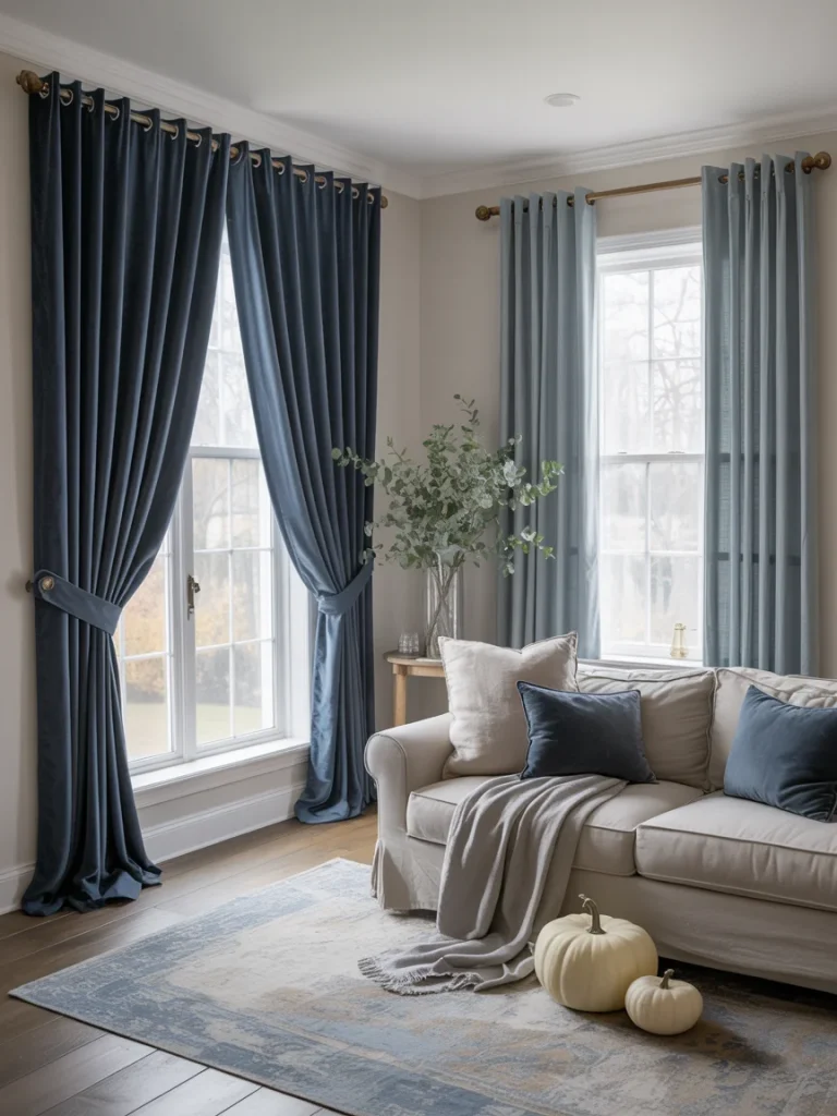 Living room with elegant blue curtains, beige sofa, navy throw pillows, and white pumpkins styled for fall decor.