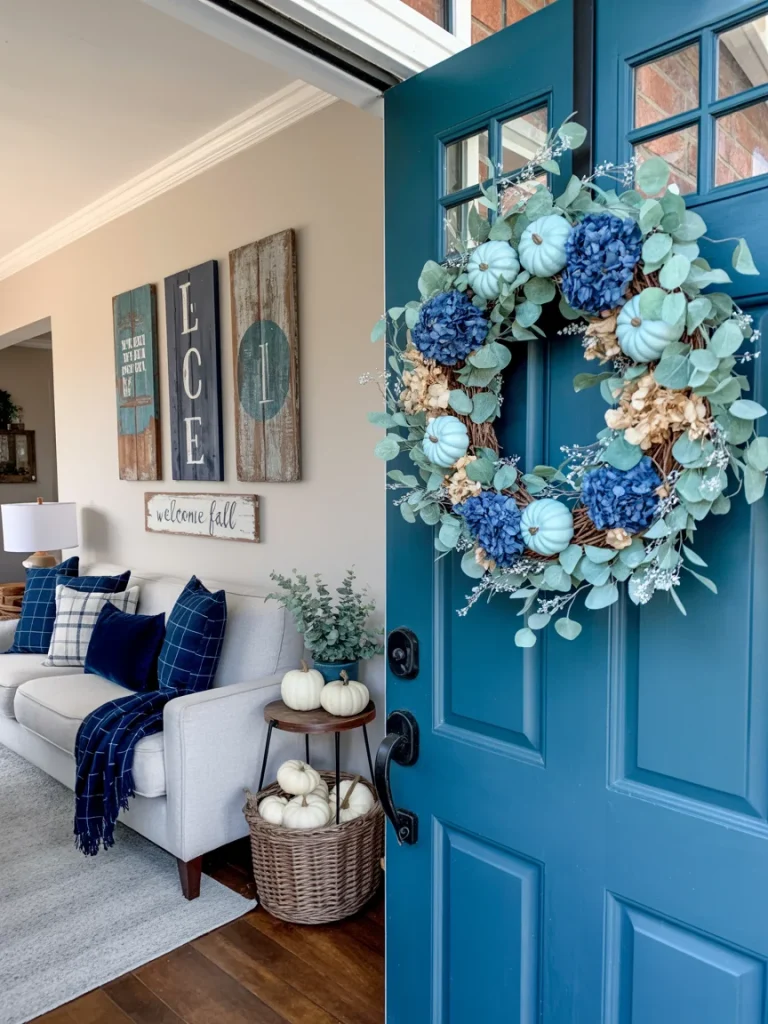 Blue front door decorated with a fall wreath featuring blue pumpkins and hydrangeas, with cozy blue accents inside the living room.