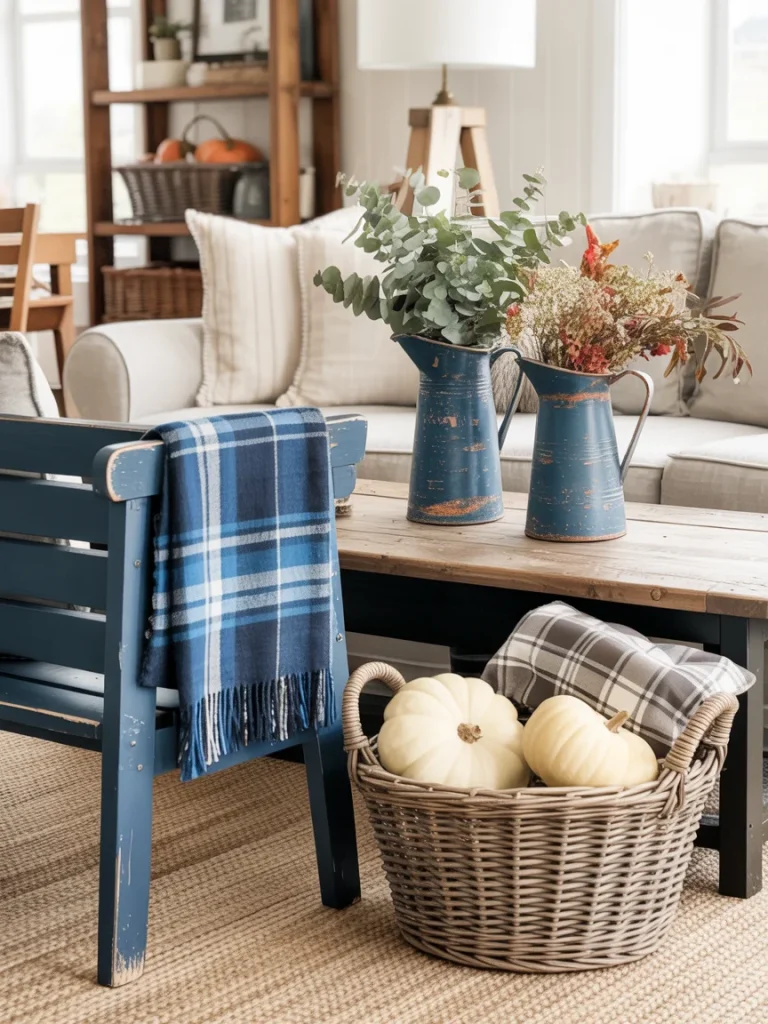 Cozy farmhouse living room decorated with blue plaid blankets, rustic blue pitchers with fall greenery, white pumpkins in a wicker basket, and neutral throw pillows.