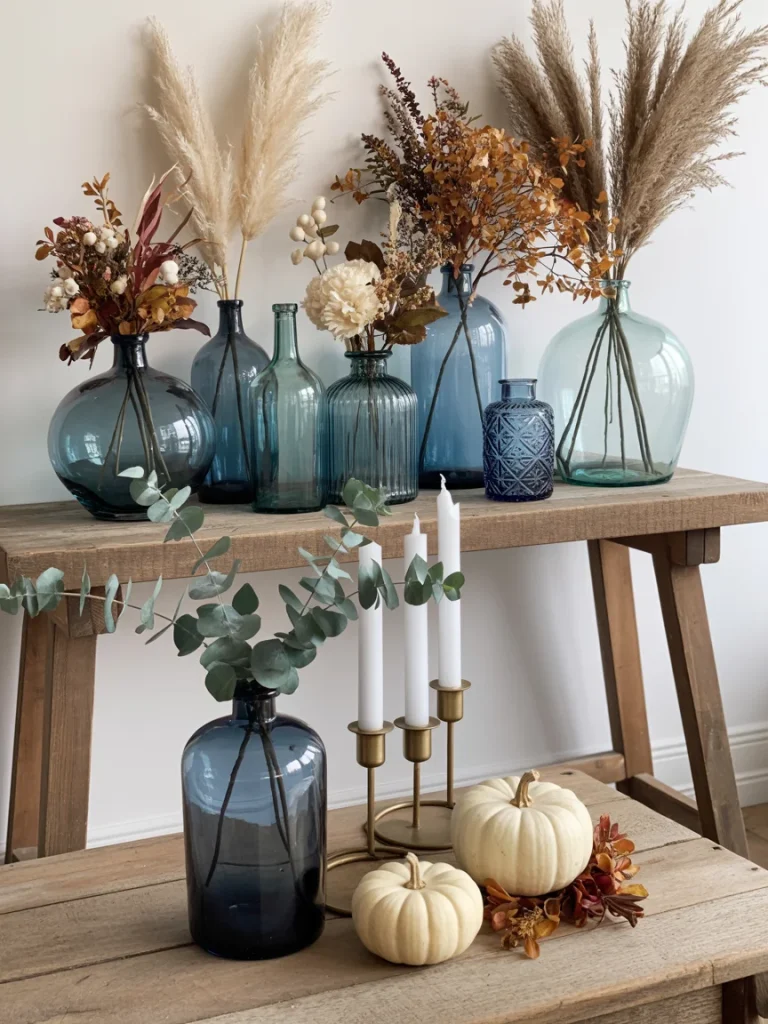 Fall arrangement with blue glass vases filled with pampas grass, eucalyptus, and autumn florals, accented with white pumpkins and candles.