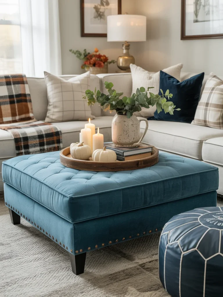 Blue velvet ottoman styled with a wooden tray holding candles, pumpkins, and greenery in a cozy fall living room.