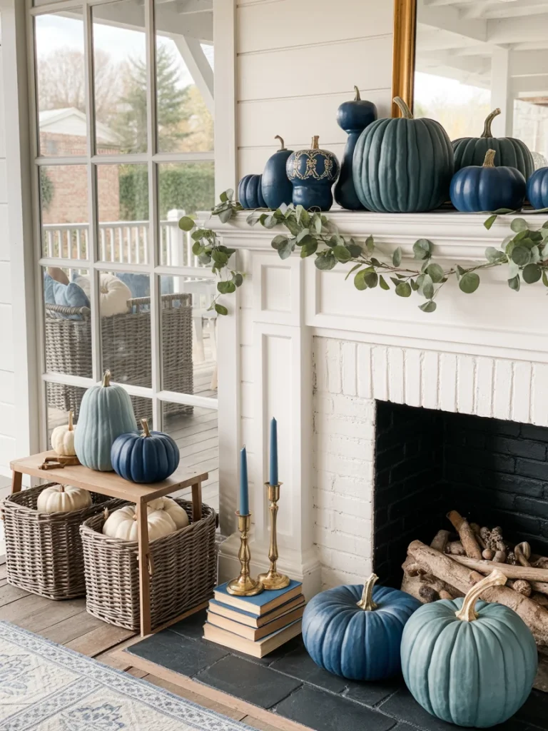 Fireplace mantel decorated with blue and white pumpkins, eucalyptus garland, brass candlesticks, and wicker baskets for seasonal fall styling.
