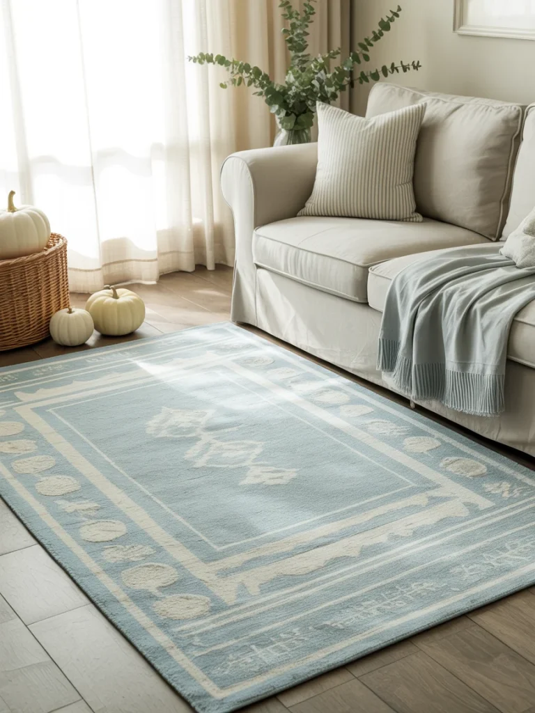 Light blue patterned rug in a cozy small living room with neutral sofa, throw blanket, and fall pumpkin accents.