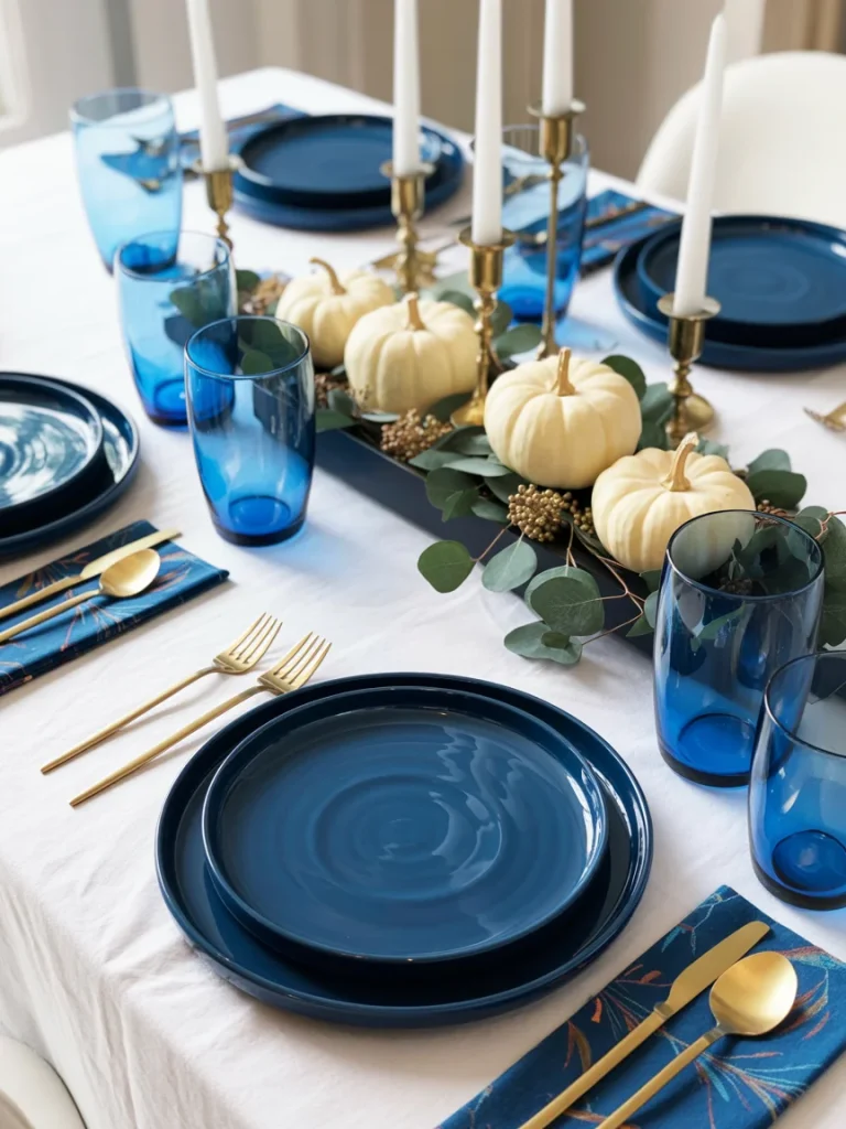 Elegant fall table setting with blue plates, glasses, and napkins paired with gold flatware, white pumpkins, and candlesticks.