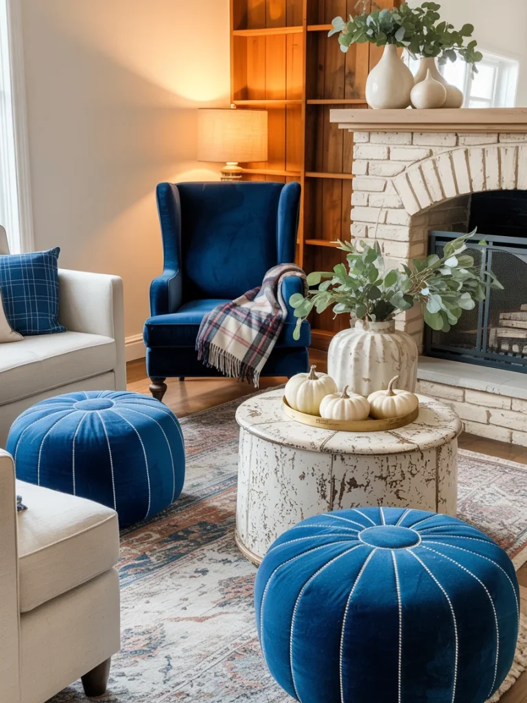Cozy living room with blue velvet poufs, a navy armchair, plaid throw blanket, white pumpkins, and rustic farmhouse decor around the fireplace.