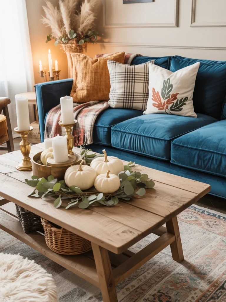 Blue velvet sofa styled with fall throw pillows, plaid blanket, and seasonal pumpkin centerpiece on a rustic wooden coffee table.