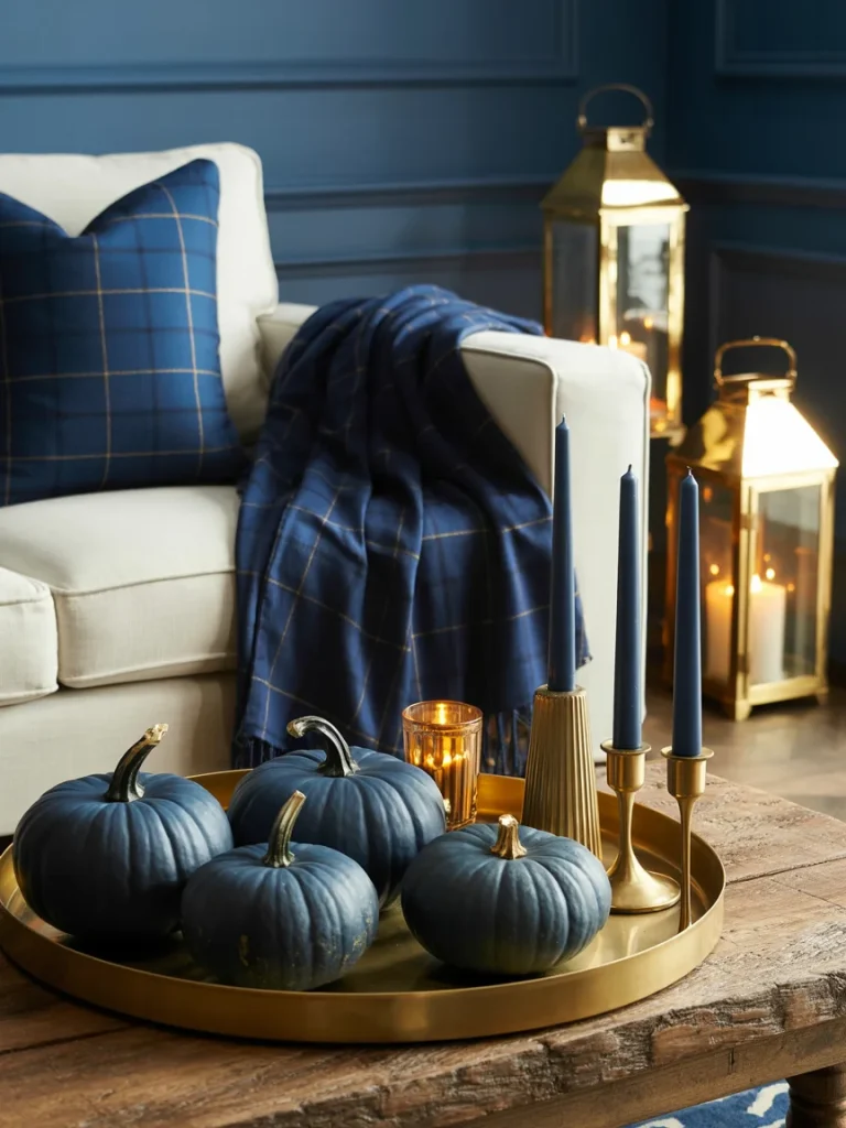 Elegant fall decor with blue pumpkins on a gold tray, navy plaid pillow and throw, gold candle holders, and lanterns with glowing candles.