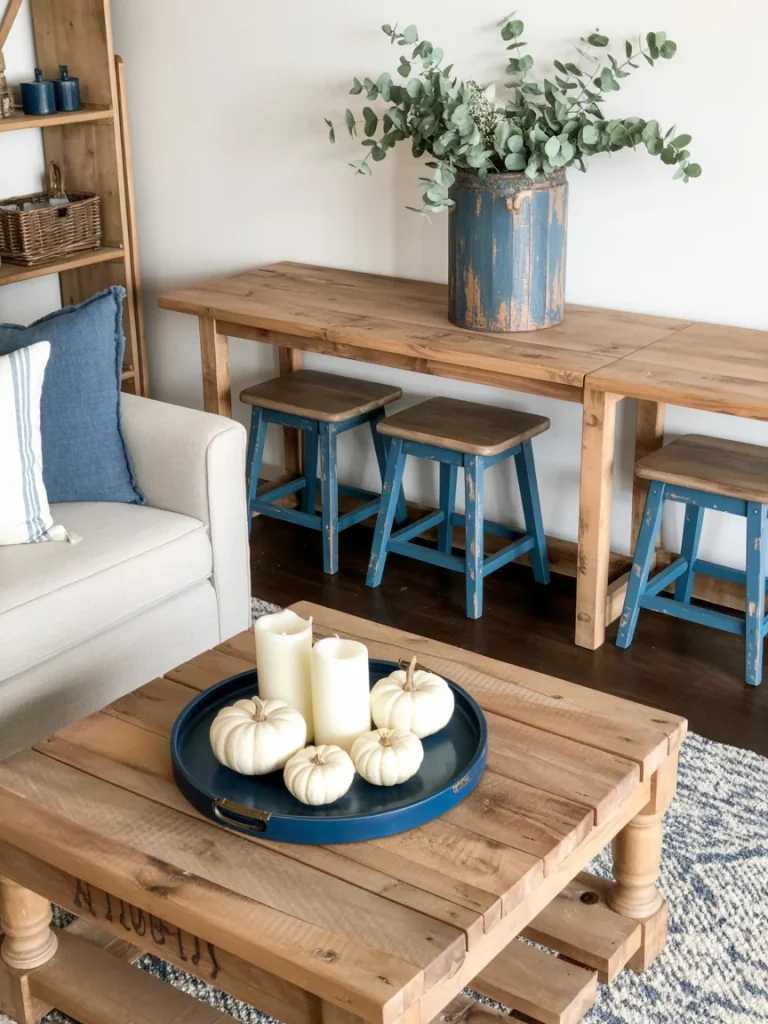 Living room with natural wood furniture, blue accent stools, and a rustic tray with white pumpkins and candles.