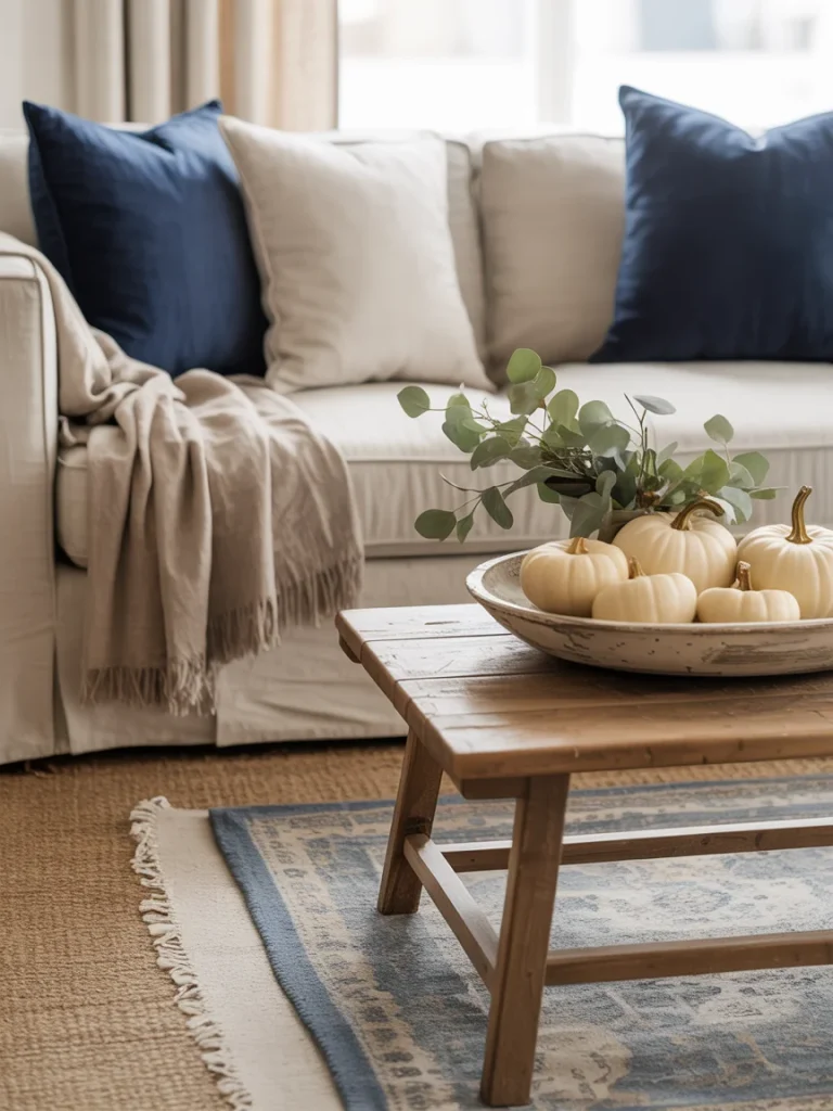 Living room with a neutral sofa, deep blue accent pillows, beige throw blanket, and a rustic wooden coffee table decorated with white pumpkins and greenery.