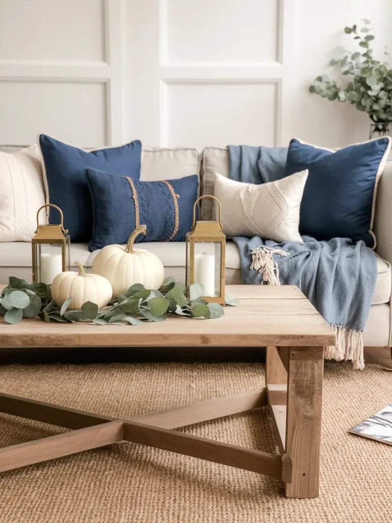 Blue velvet ottoman styled with a wooden tray holding candles, pumpkins, and greenery in a cozy fall living room.