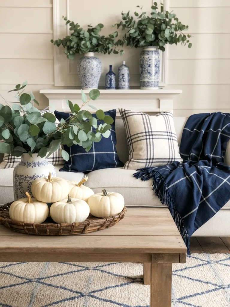 Elegant living room with blue and white fall decor featuring pumpkins, plaid pillows, and eucalyptus arrangements.