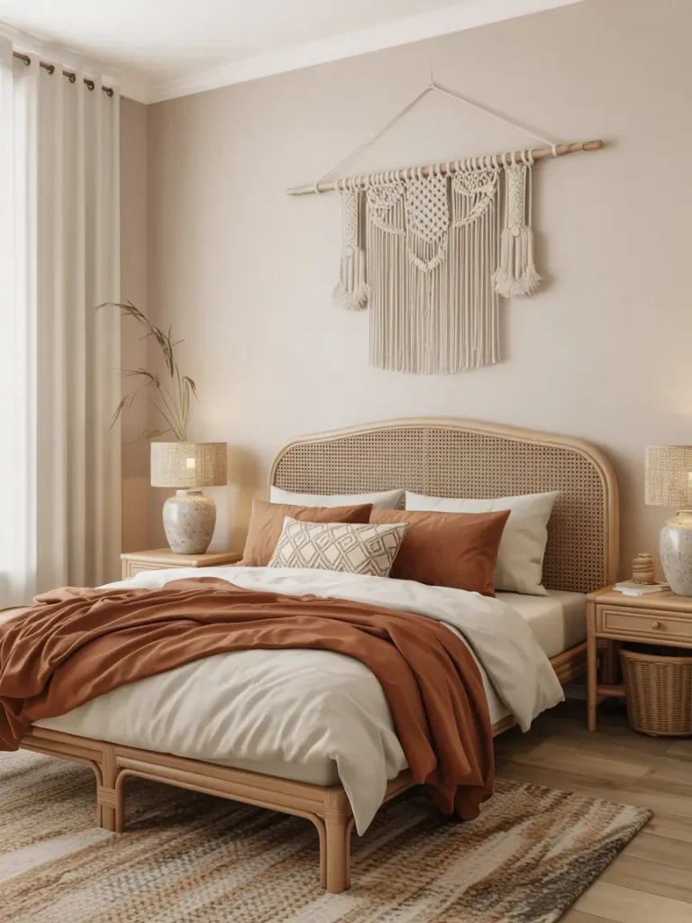 Boho earthy bedroom with rattan bed frame, woven wall hanging, warm terracotta bedding, and natural wood furniture.