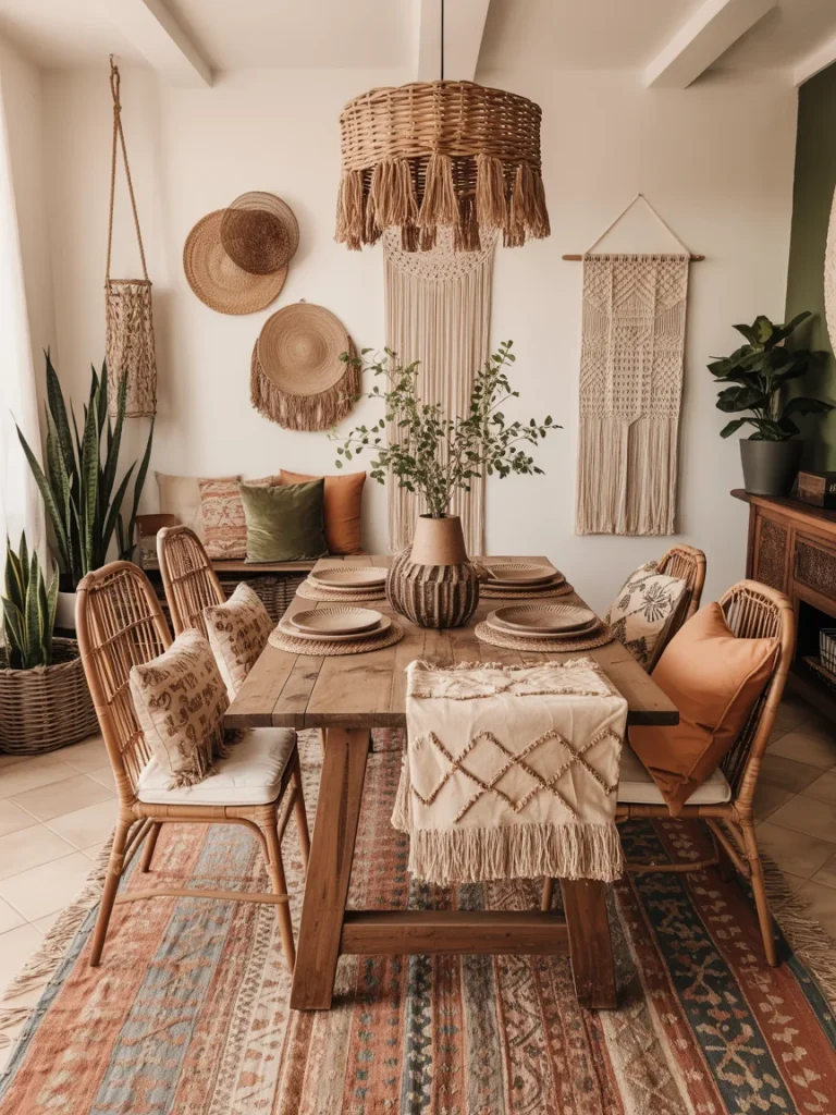 Boho earthy dining room with rattan chairs, woven wall décor, macramé accents, and a rustic wooden dining table.