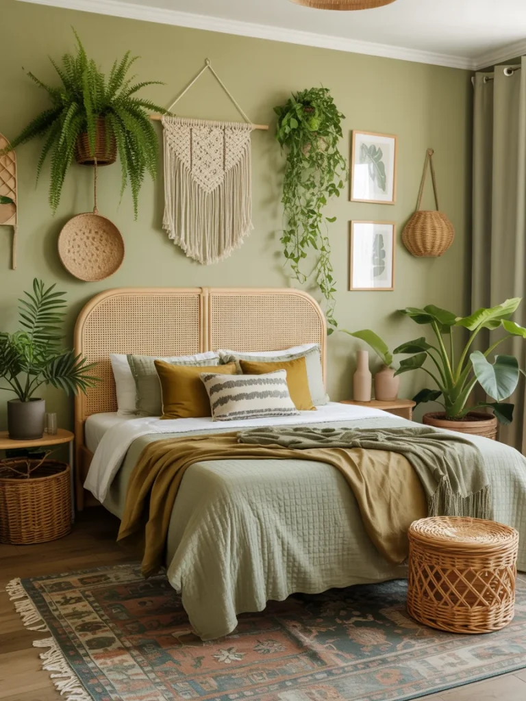 Boho green bedroom with rattan furniture, macramé wall hanging, and lush indoor plants.