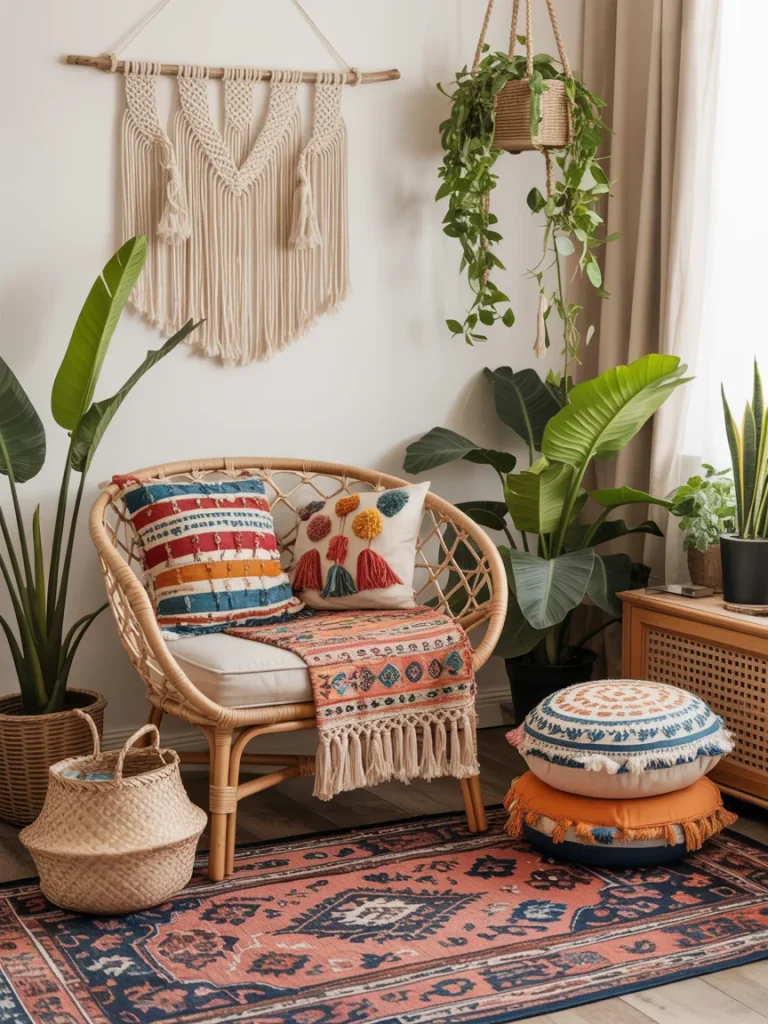 Boho living room nook with rattan chair, colorful cushions, woven rug, and hanging plants.
