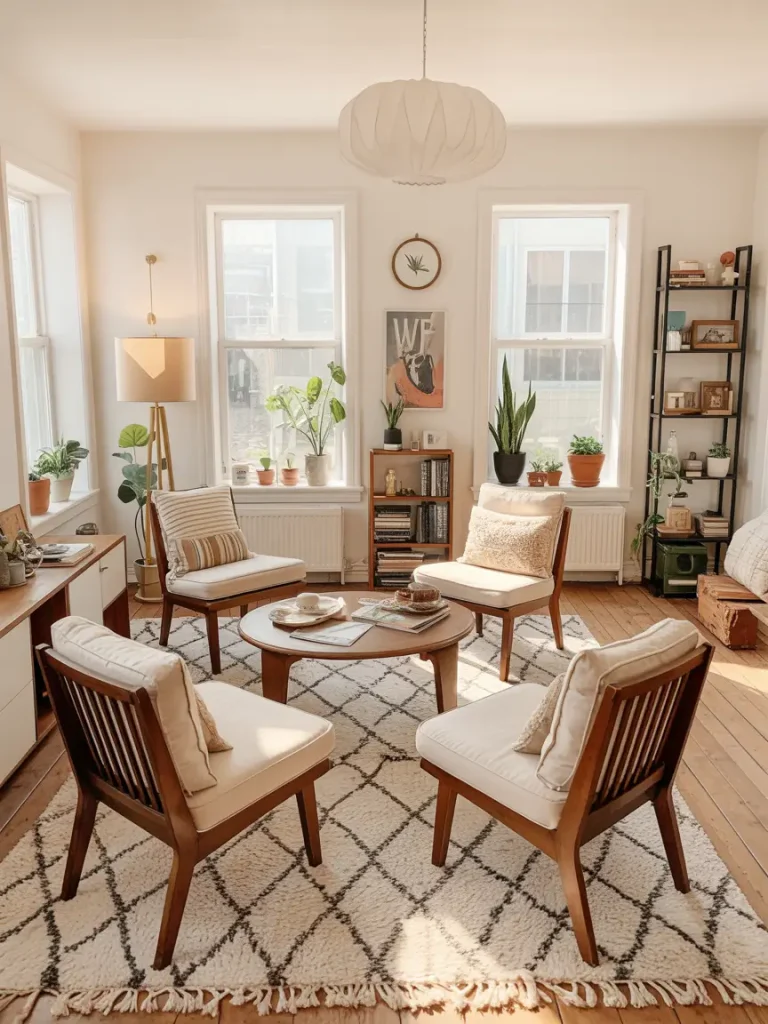 Budget-friendly 4 chair sitting area with wooden chairs, neutral cushions, and a round coffee table on a patterned rug in a cozy, sunlit living room.
