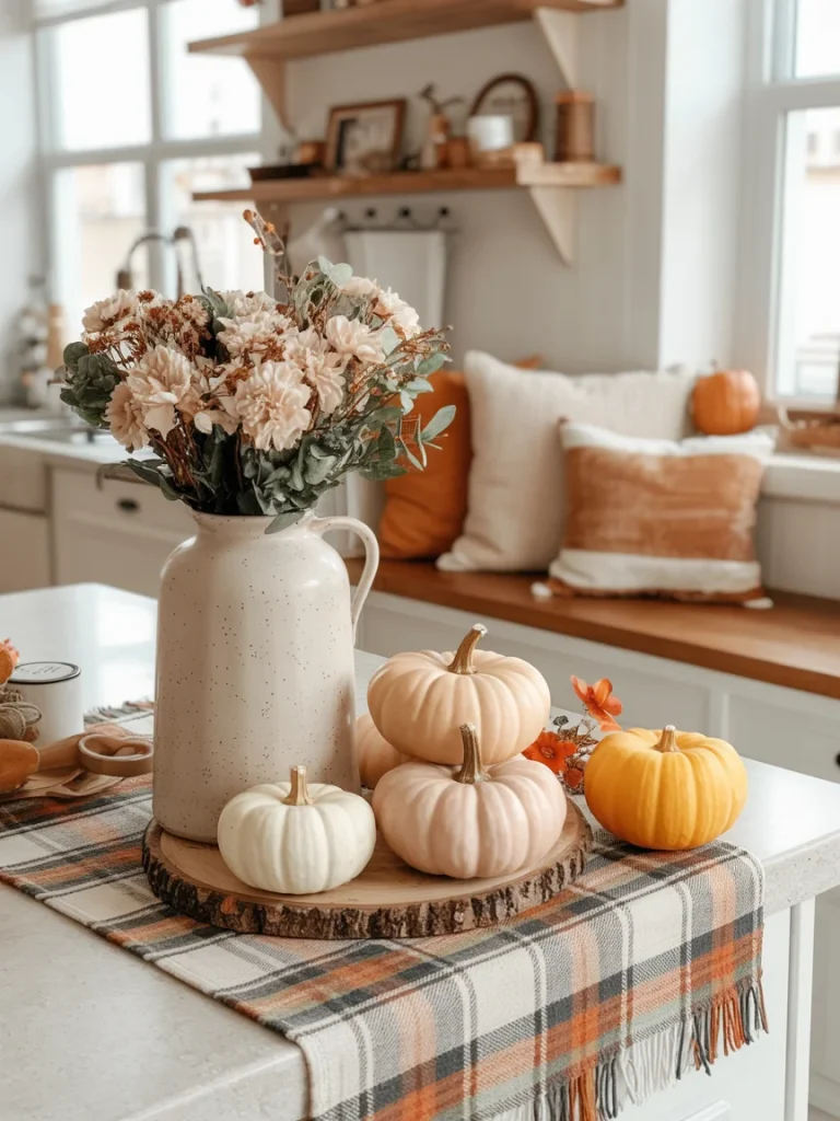 Cozy fall kitchen decorated with mini pumpkins, plaid table runner, and a floral arrangement in a ceramic pitcher.