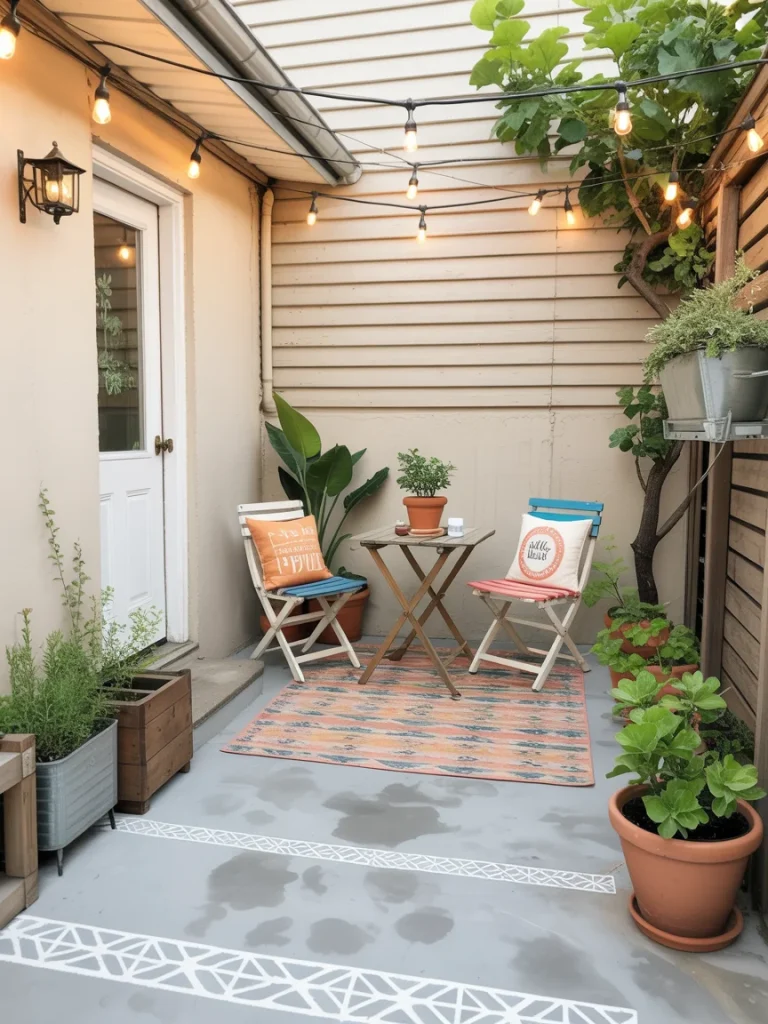 Small budget-friendly concrete patio with simple seating, string lights, and potted plants.