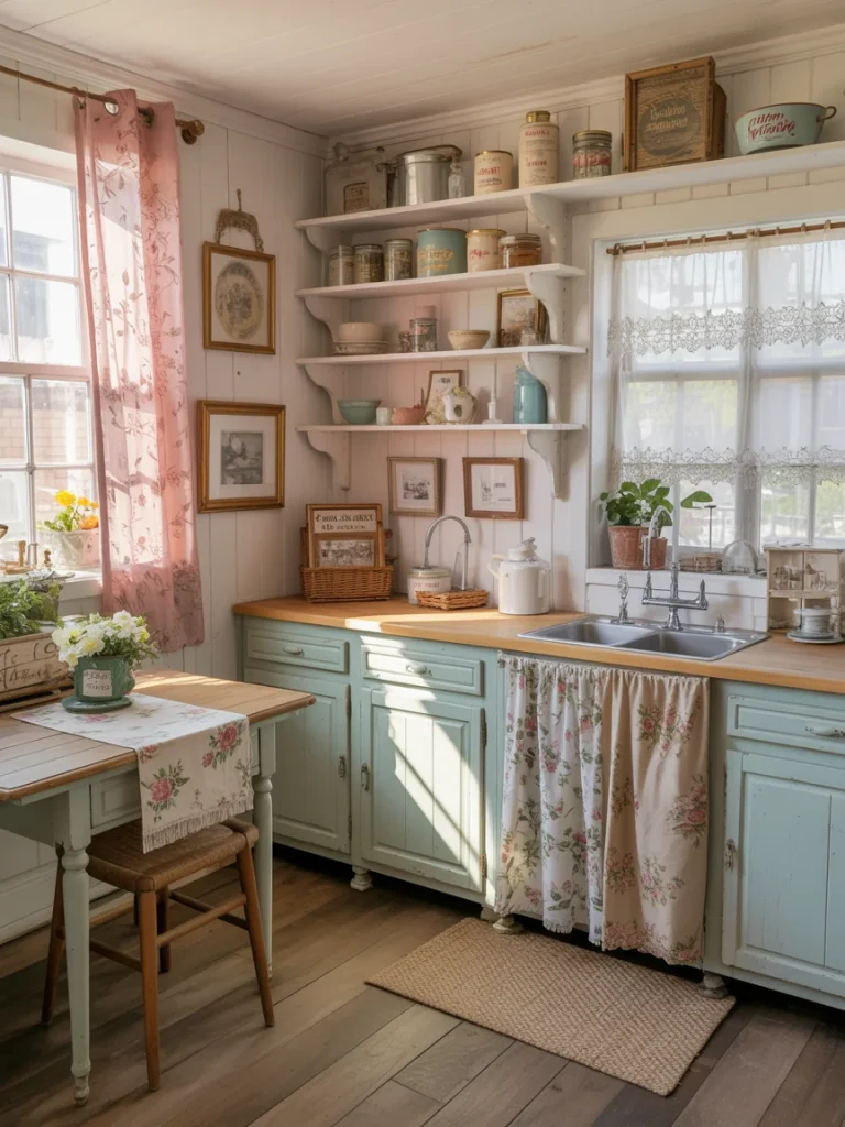 Cozy cottagecore kitchen with pastel cabinets, floral curtains, vintage jars, and open shelving on a budget-friendly setup.