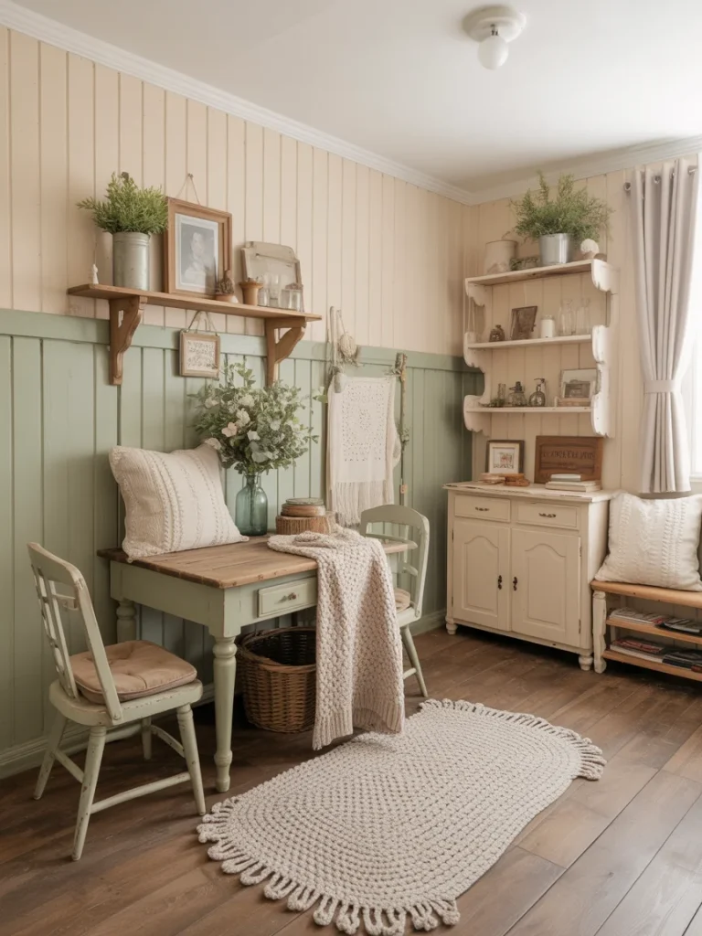Cozy budget-friendly country cottage room with vintage furniture, soft textiles, and rustic décor accents.