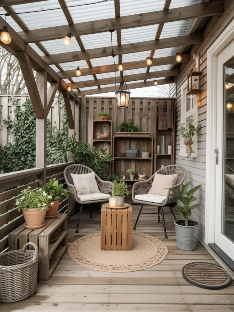 Small covered patio with wicker chairs, potted plants, and wooden decor.