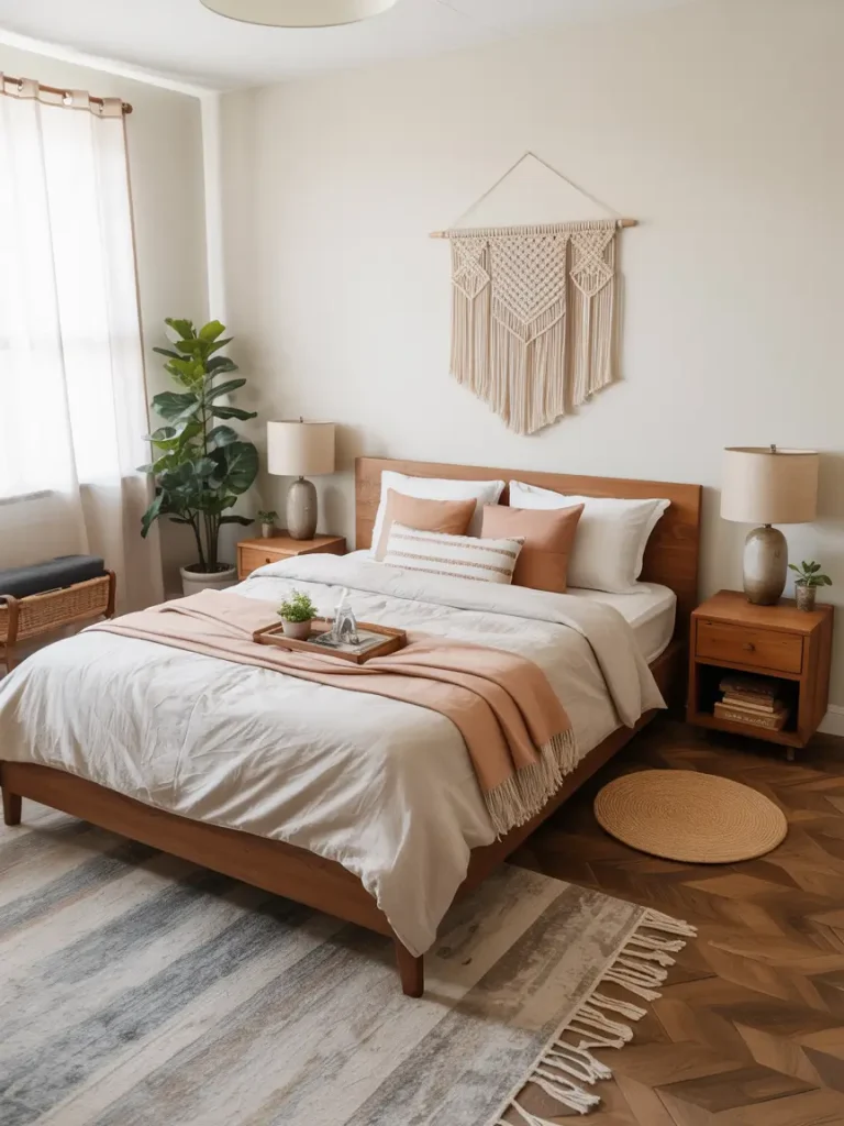 Budget-friendly earthy bedroom with wooden bed, soft neutral bedding, macrame wall hanging, and natural wood nightstands.
