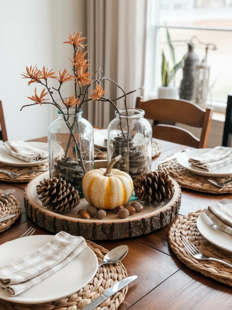 Budget-friendly fall dining table decor with pumpkin, pinecones, and glass jar centerpieces.