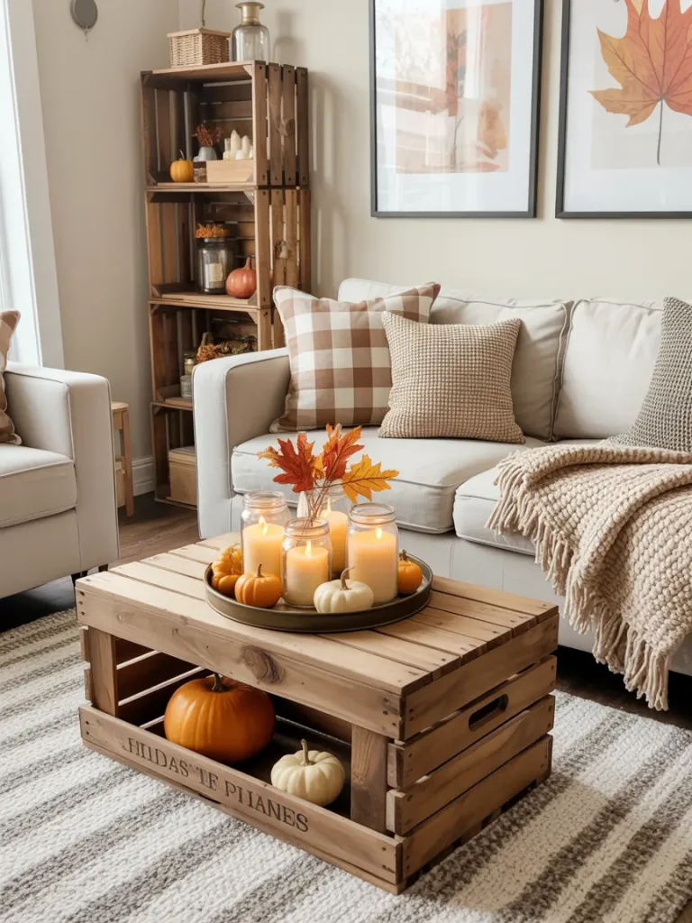 Cozy fall living room with neutral sofa, plaid pillows, wooden crate coffee table, and autumn-themed decor featuring pumpkins, candles, and warm-toned accents.
