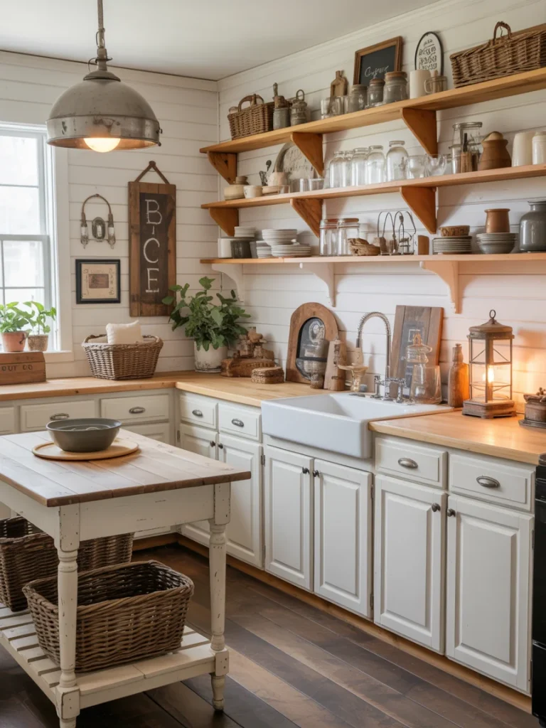 Budget-friendly farmhouse kitchen with white cabinets, open wooden shelves, rustic baskets, and a small wooden island.