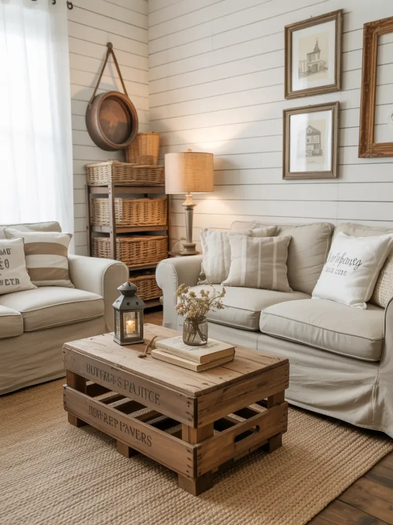 Budget-friendly farmhouse living room with DIY crate coffee table, wicker baskets, and neutral sofas.