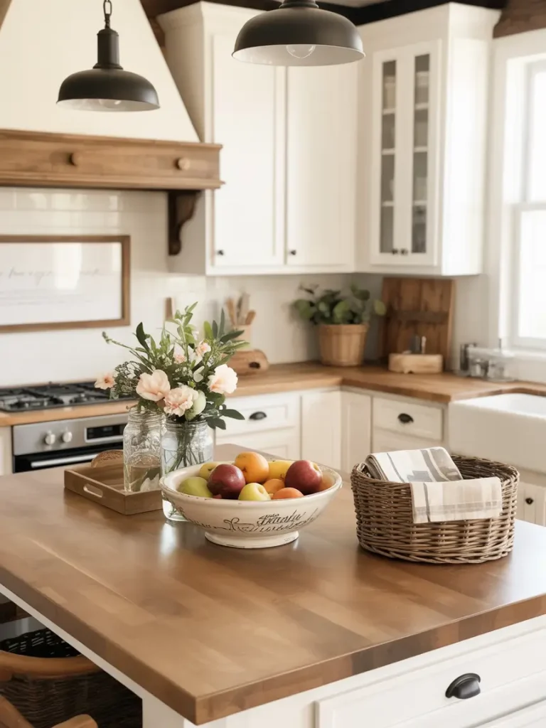 Budget-friendly kitchen island with fruit bowl, mason jar flowers, and woven basket decor.