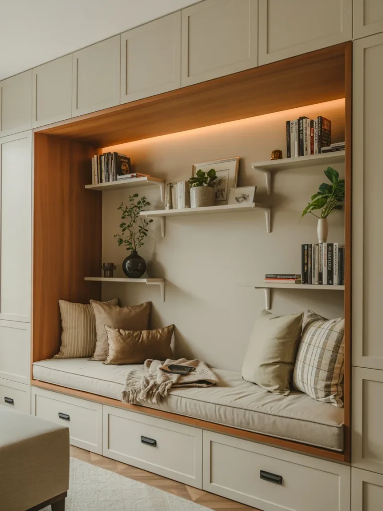 Built-in living room nook with cushioned bench, shelving, and storage drawers.