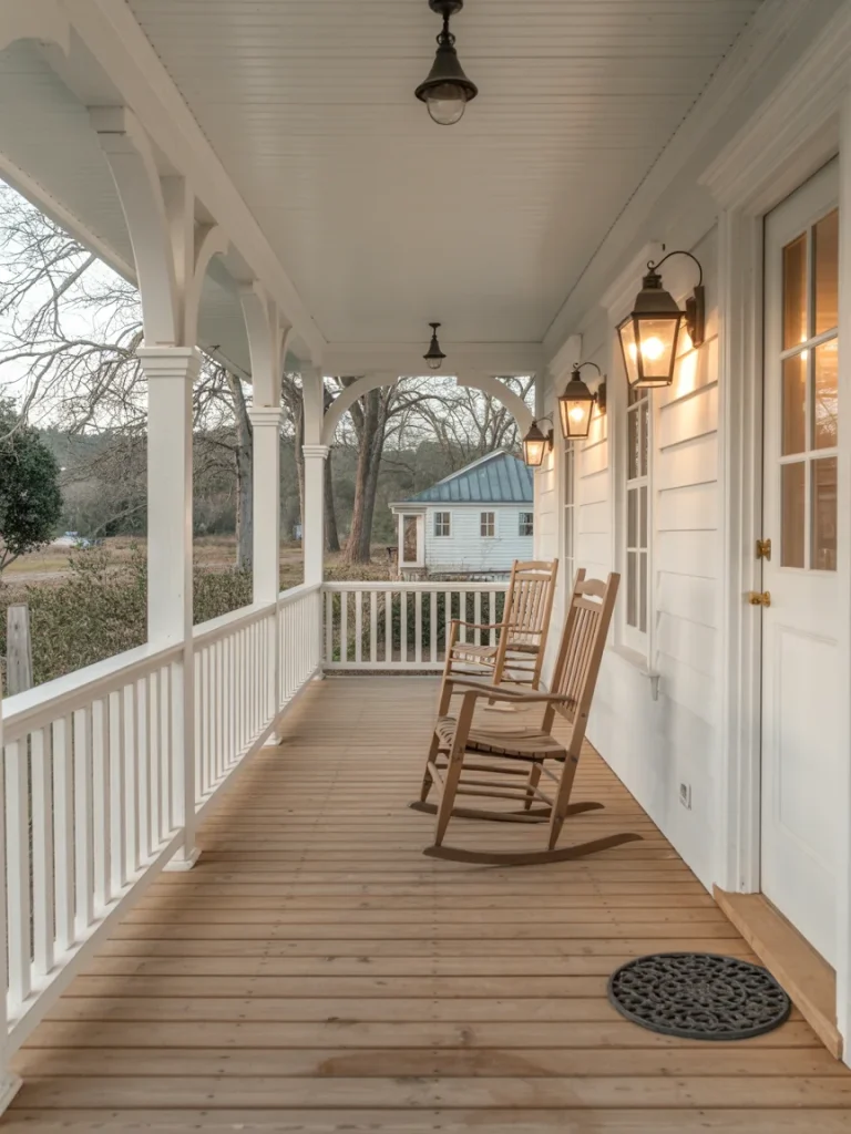 Classic farmhouse porch with wooden rocking chairs and lantern wall lights.