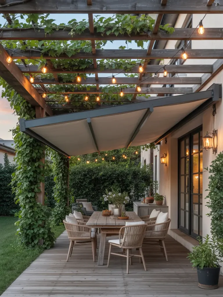 Classic covered patio with wooden pergola, string lights, and outdoor dining set beneath climbing greenery.