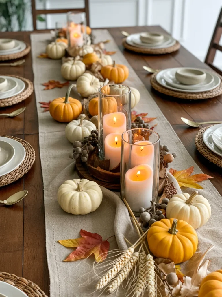 Elegant fall dining room table centerpiece with pumpkins, candles, autumn leaves, and natural accents.