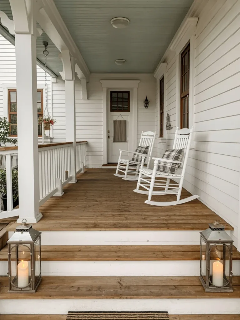 Classic farmhouse front porch with white rocking chairs and plaid cushions.