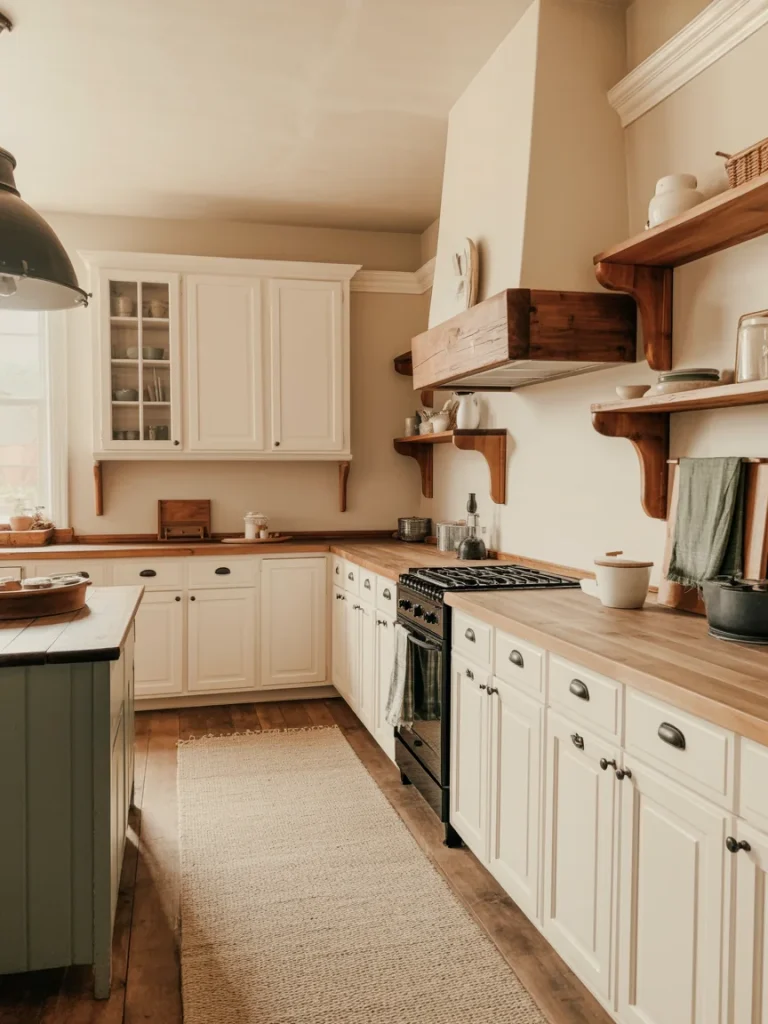 Classic farmhouse kitchen with white cabinets, wooden countertops, rustic open shelves, and neutral color palette.