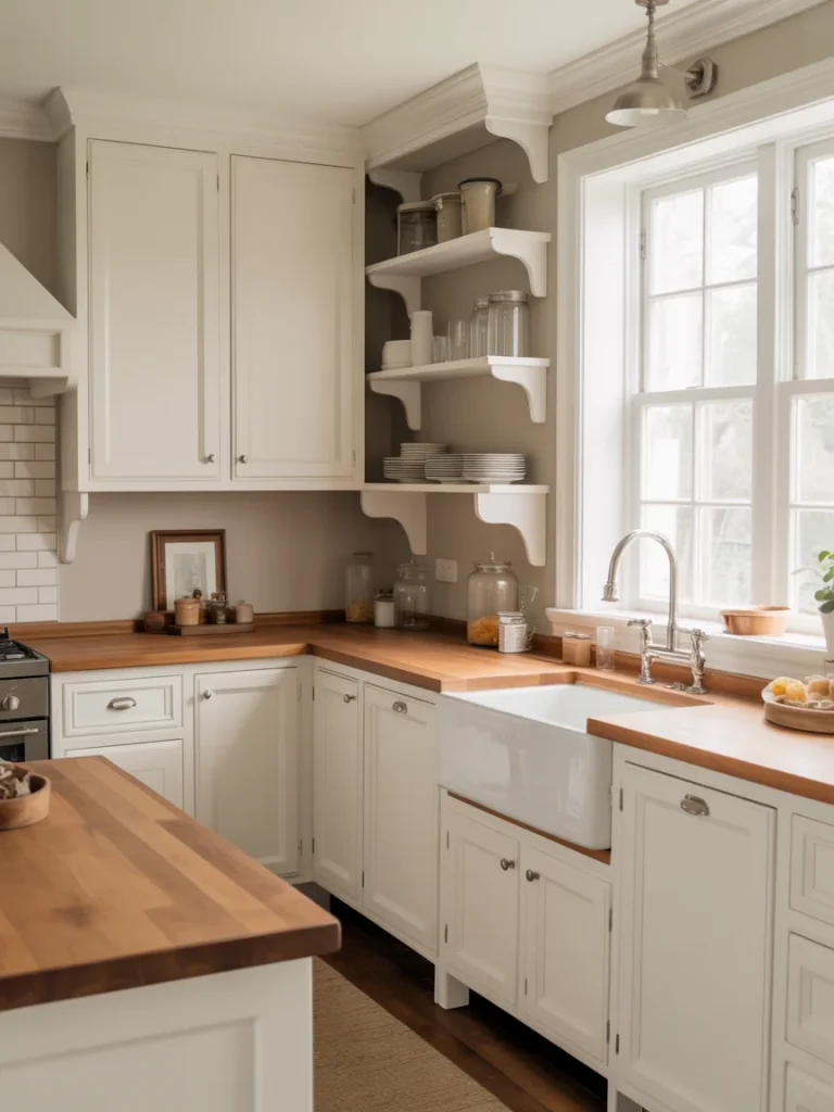 Classic white kitchen cabinets with warm wood countertops and farmhouse sink.