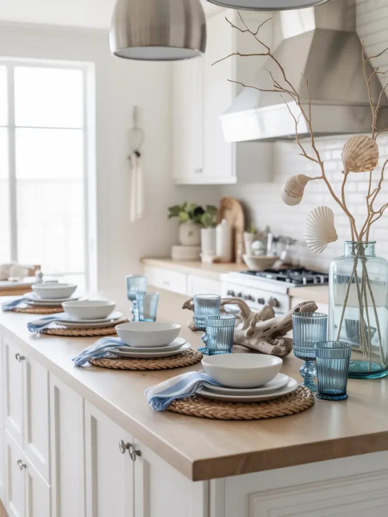 Coastal kitchen island styled with blue glassware, woven placemats, and seashell-inspired decor.