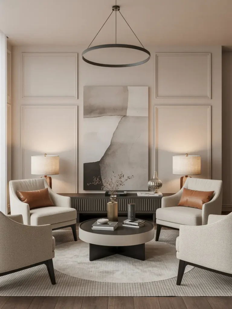 Coffee table surrounded by four modern armchairs in a neutral-toned living room with side lamps and wall art.