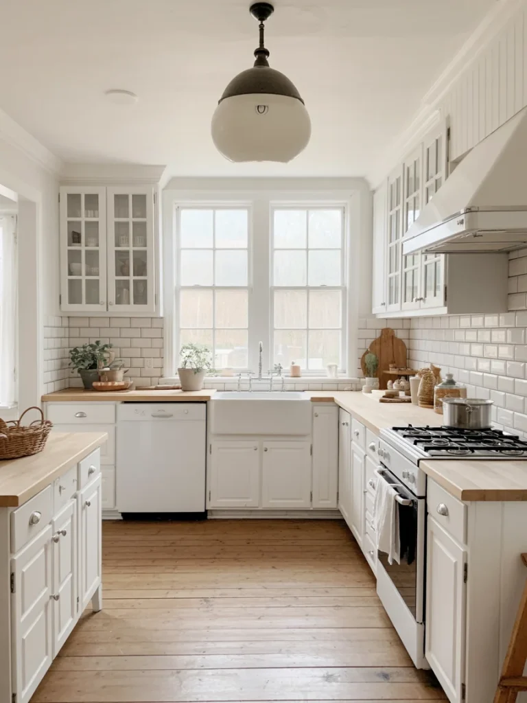 All-white farmhouse kitchen with natural wood countertops and bright natural light.
